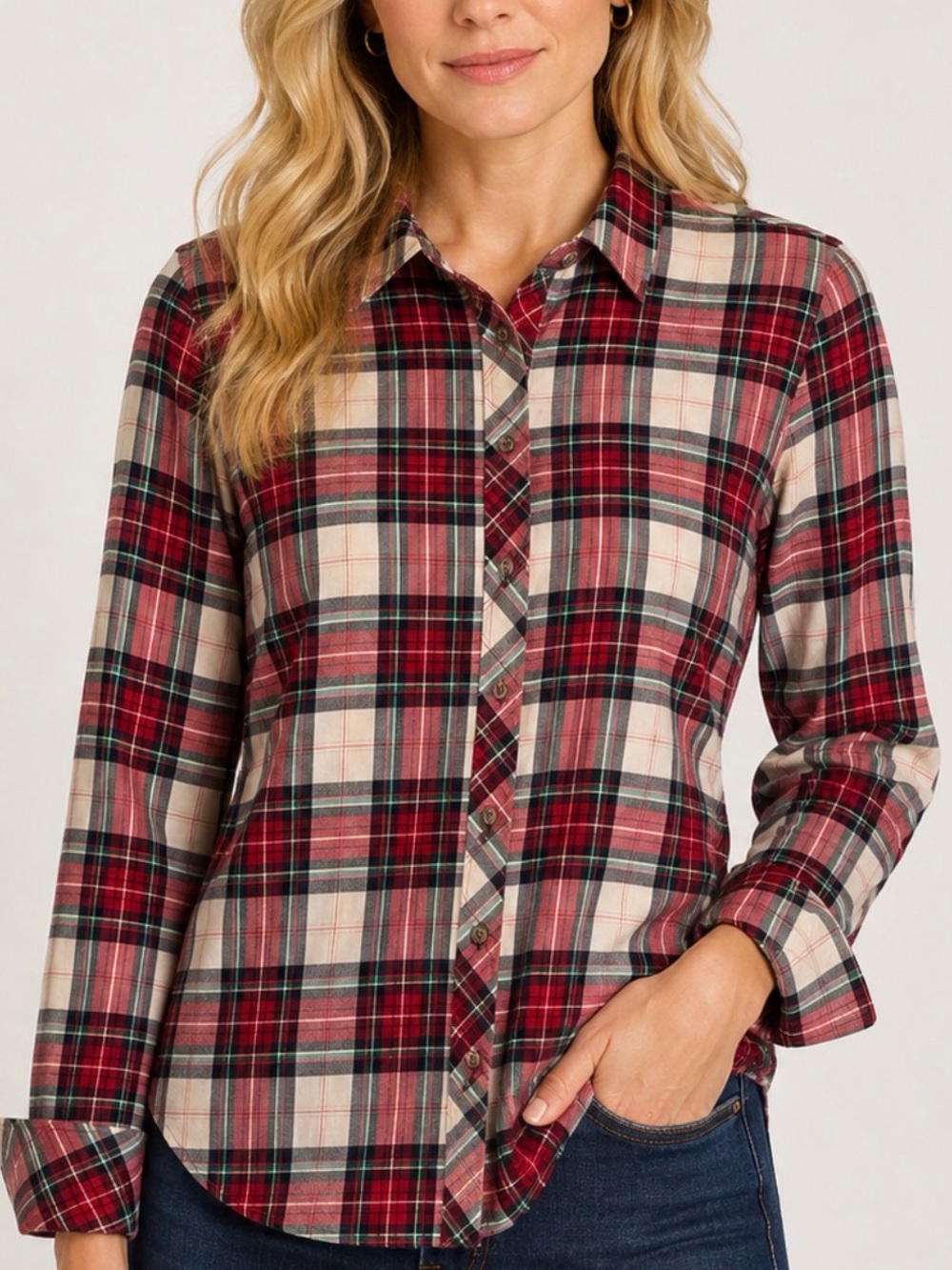 Talbots Red Blue Green Plaid Shirt Collared Button Up Long Sleeve Women M